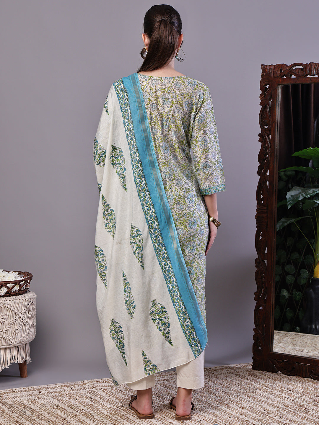 Aawari Green & Blue Floral Chanderi Printed Kurta Set with Dupatta - Suit Sets
