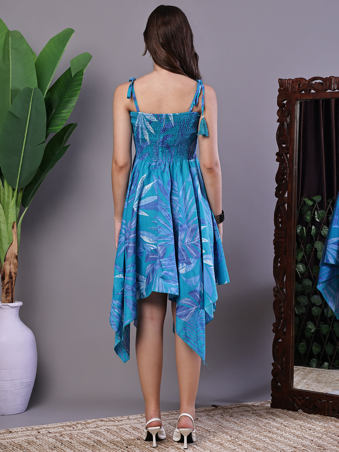 Aawari Blue Printed Asymmetrical Hem Smocked A-Line Dress -  Midi Dresses / Western Wear