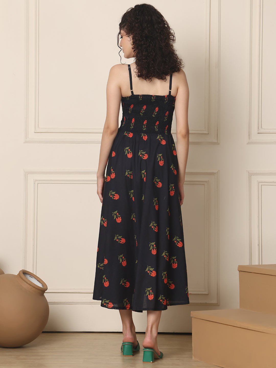 Aawari Cotton Unique Printed Spaghetti Strap Dress - Western Wear