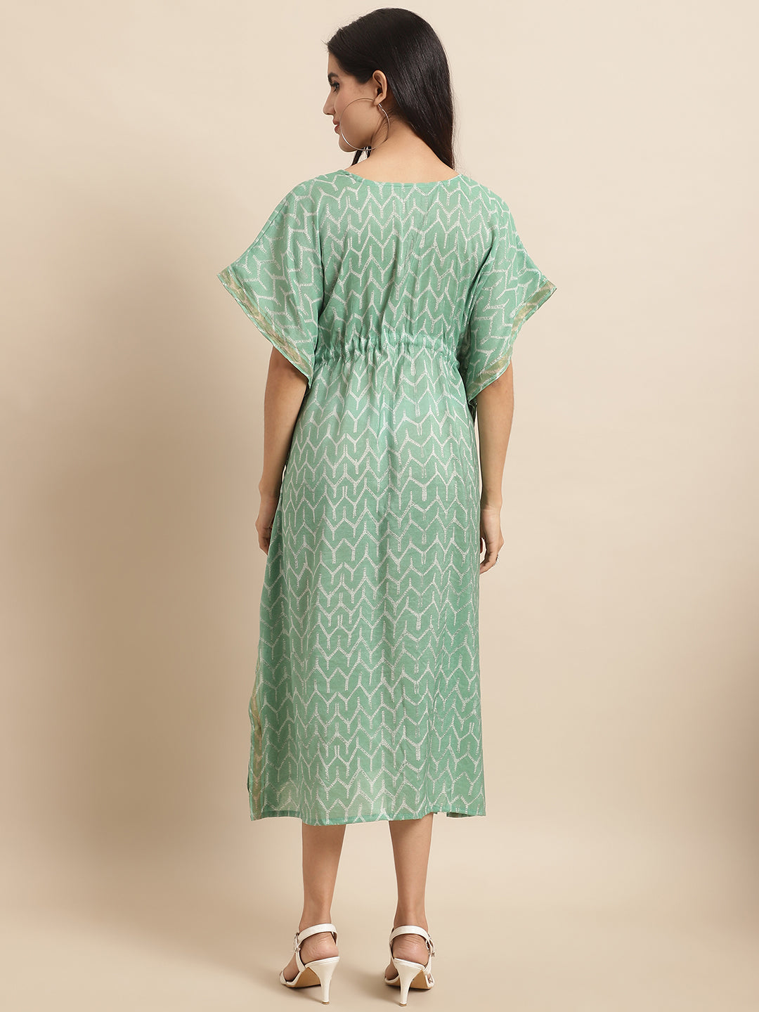 Aawari Women's Mint Green Chanderi Printed Kaftaan Dress with Drawstring Waist