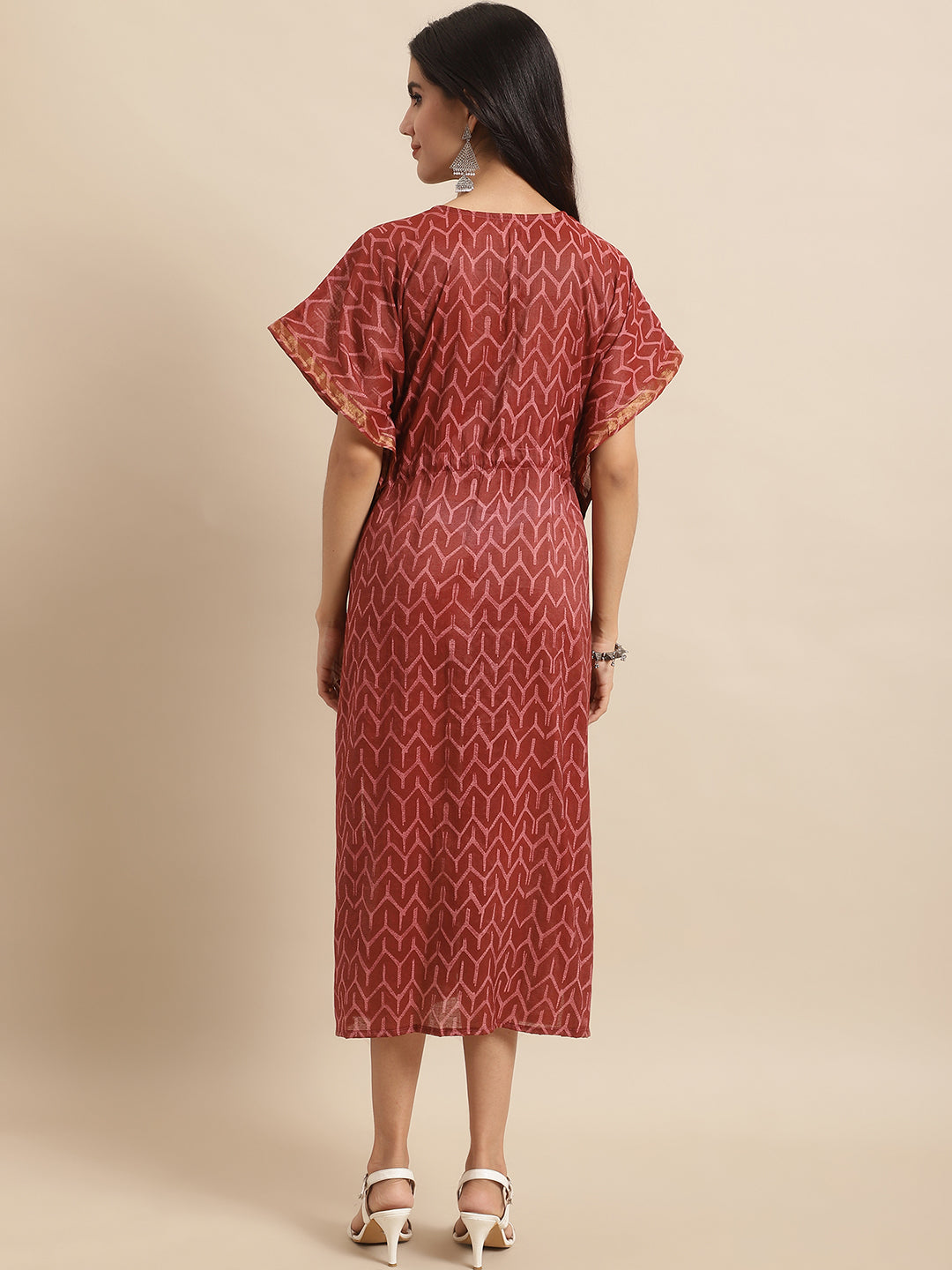 Aawari Maroon Chanderi Printed Kaftaan Dress with Drawstring Waist