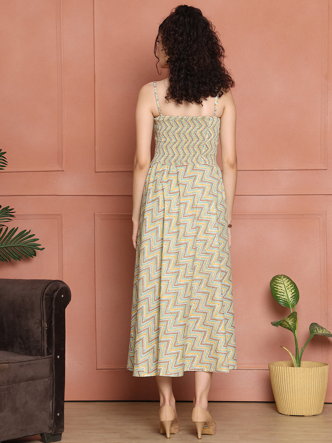 Aawari Cotton Unique Printed Spaghetti Strap Dress - Western Wear