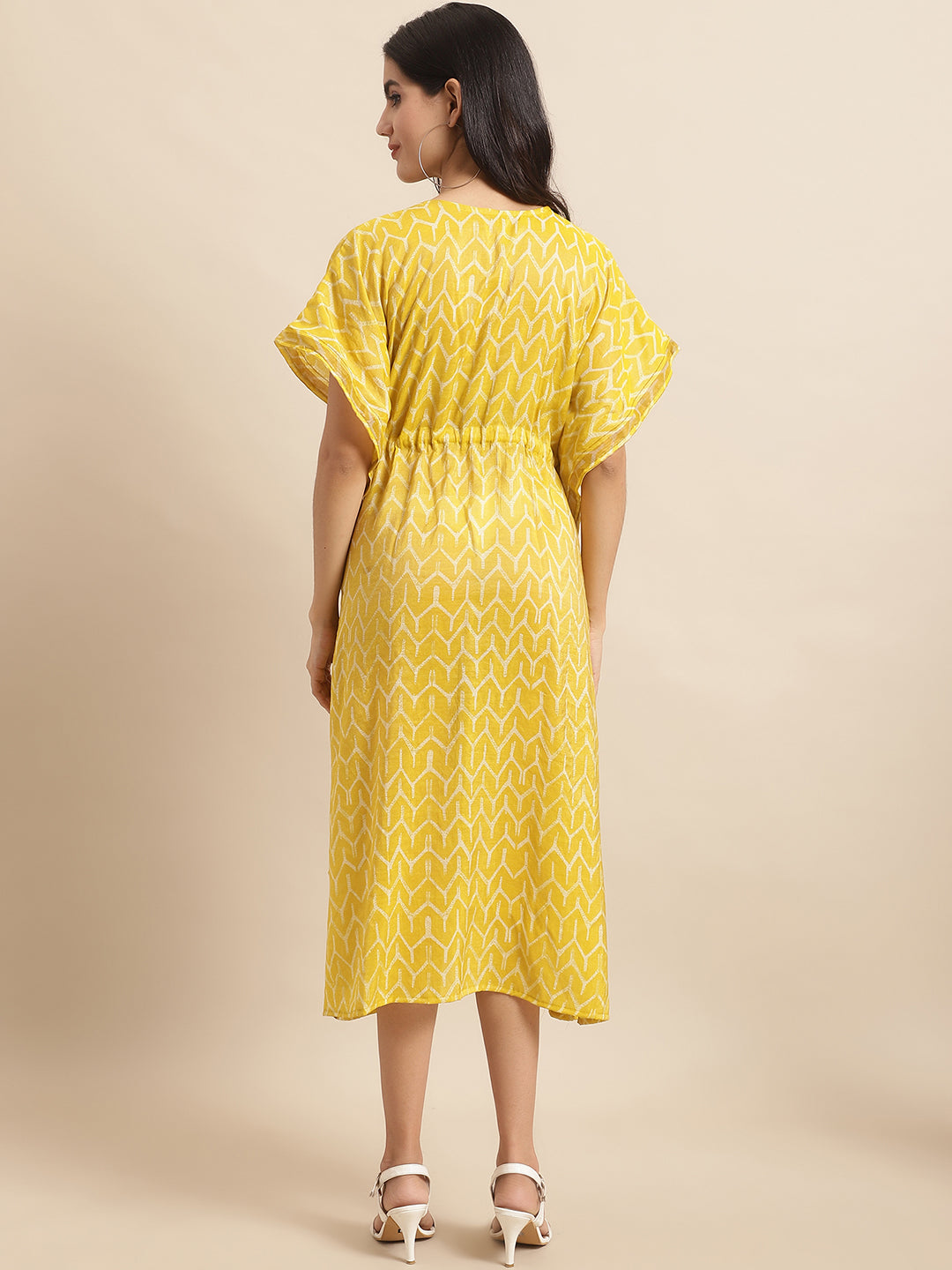 Aawari Yellow Chanderi Printed Kaftaan Dress with Relaxed Fit - Kaftaan