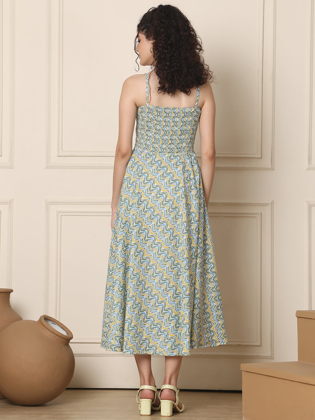 Aawari Cotton Unique Printed Spaghetti Strap Dress - Western Wear