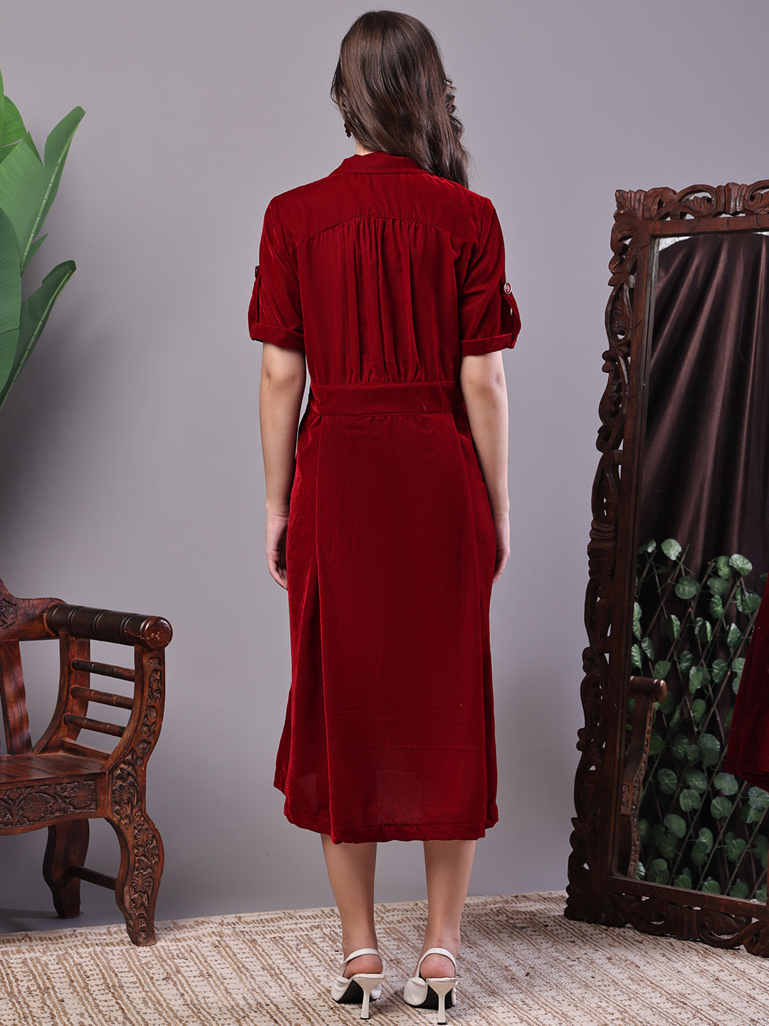 Aawari Maroon Velvet Shirt Style Midi Dress with Belt - Midi Dresses / Western Wear / Dresses