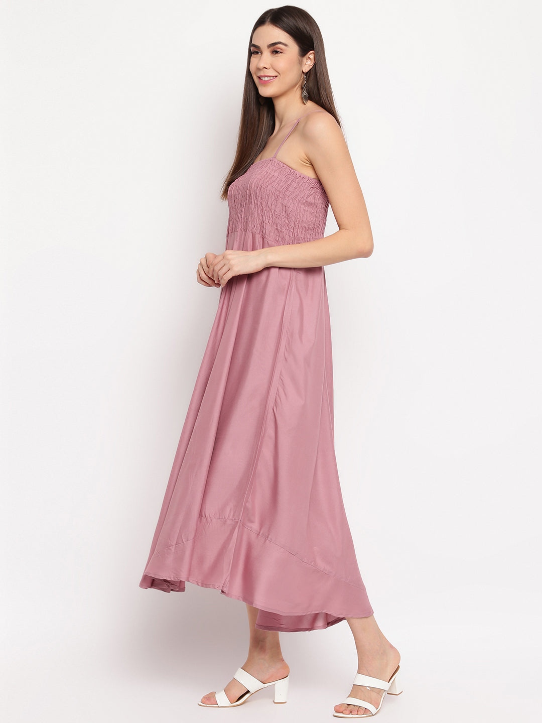 Dusty Rose Smocked Flared Maxi Dress for Women - Western Wear