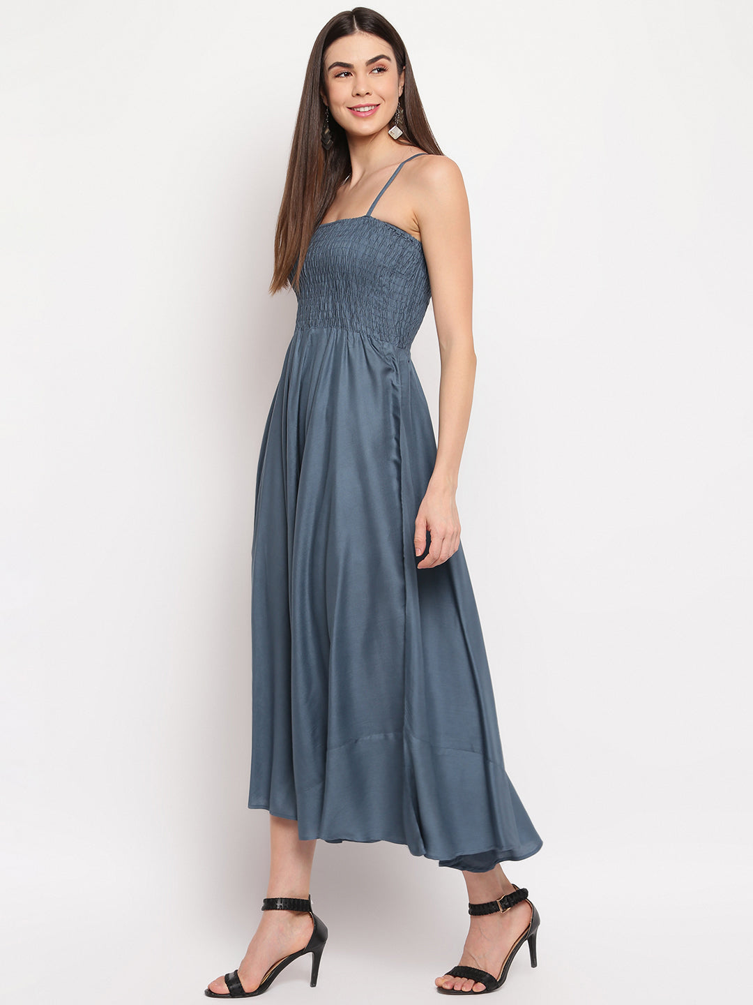 Dusty Blue Solid Rayon Flared Maxi Dress with Smocked Bodice & Spaghetti Straps - Western Wear