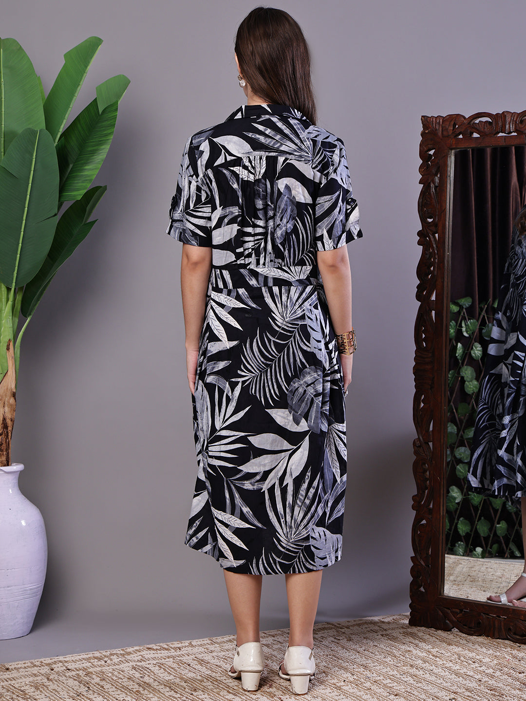 Aawari Tropical Palm Print Black & White Cotton Shirt Dress - Midi Dresses / Western Wear / Dresses