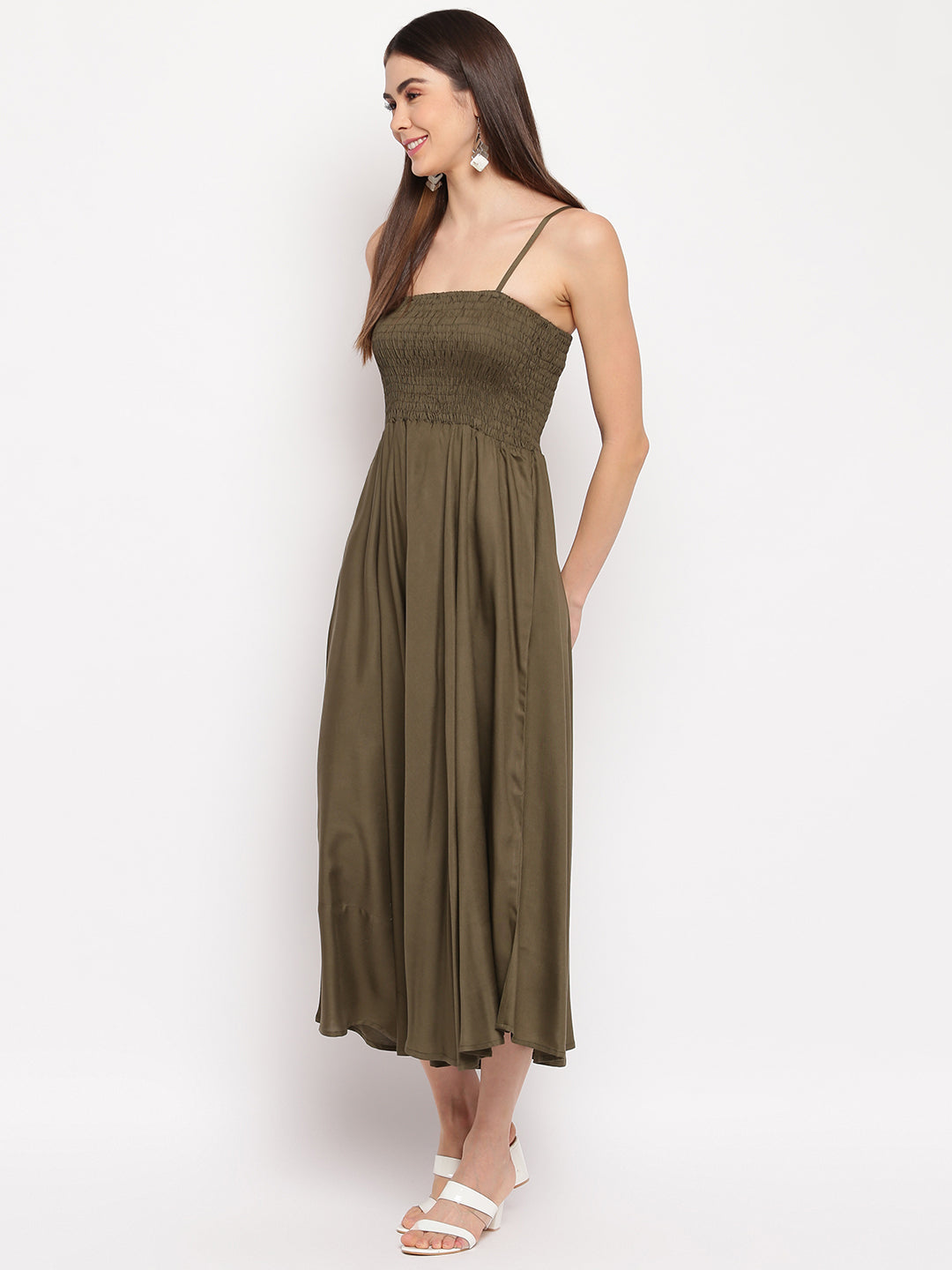 Mocha Brown Solid Rayon Flared Maxi Dress with Smocked Bodice & Spaghetti Straps - Western Wear
