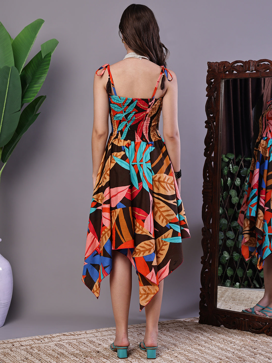 Aawari Bold Multicolor Junglee Print Handkerchief Hem Cotton Dress - Midi Dresses / Western Wear