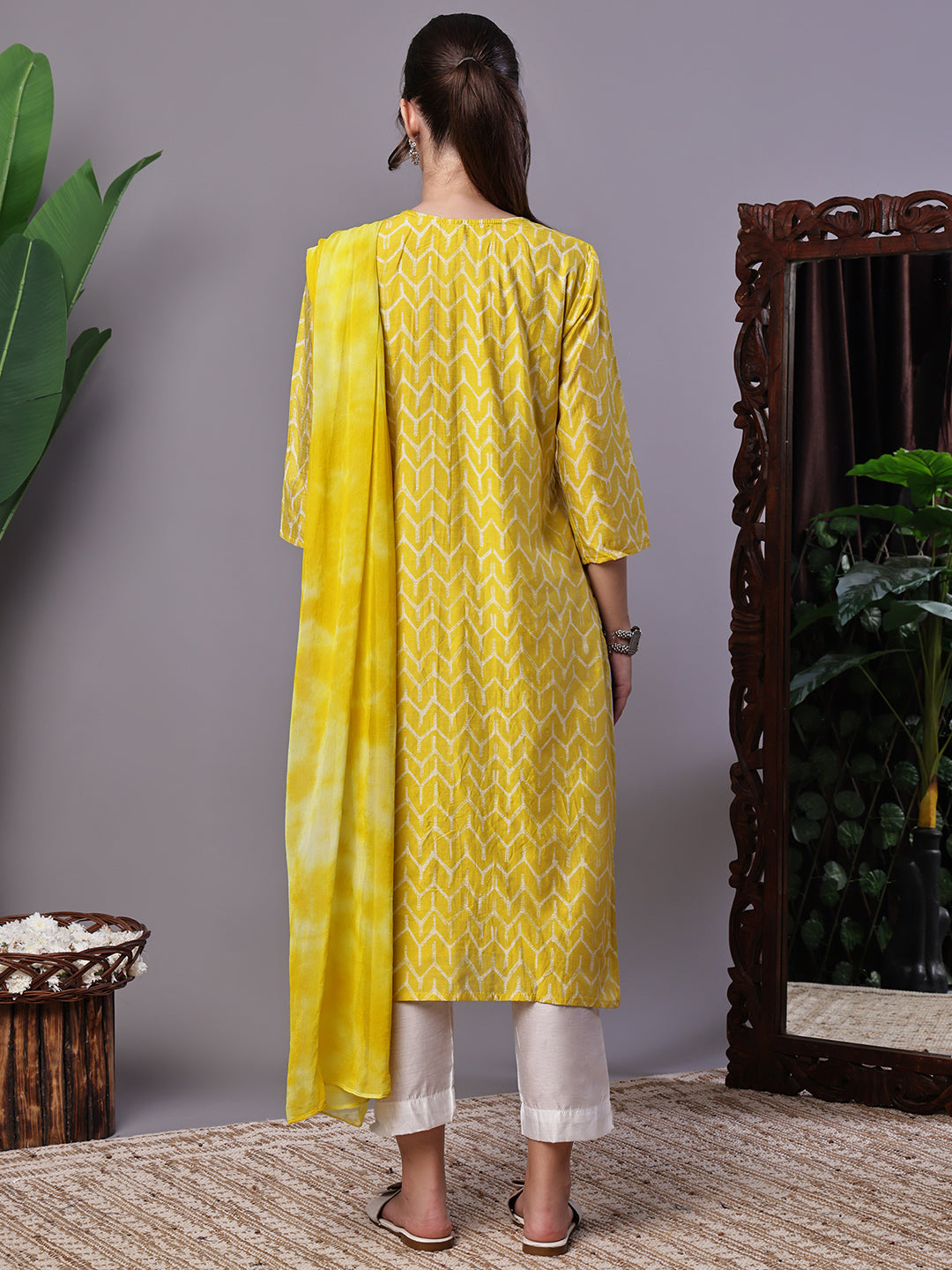 Aawari Mustard Yellow Chevron Print Chanderi Kurta Set with Mirror Work - Suit Sets