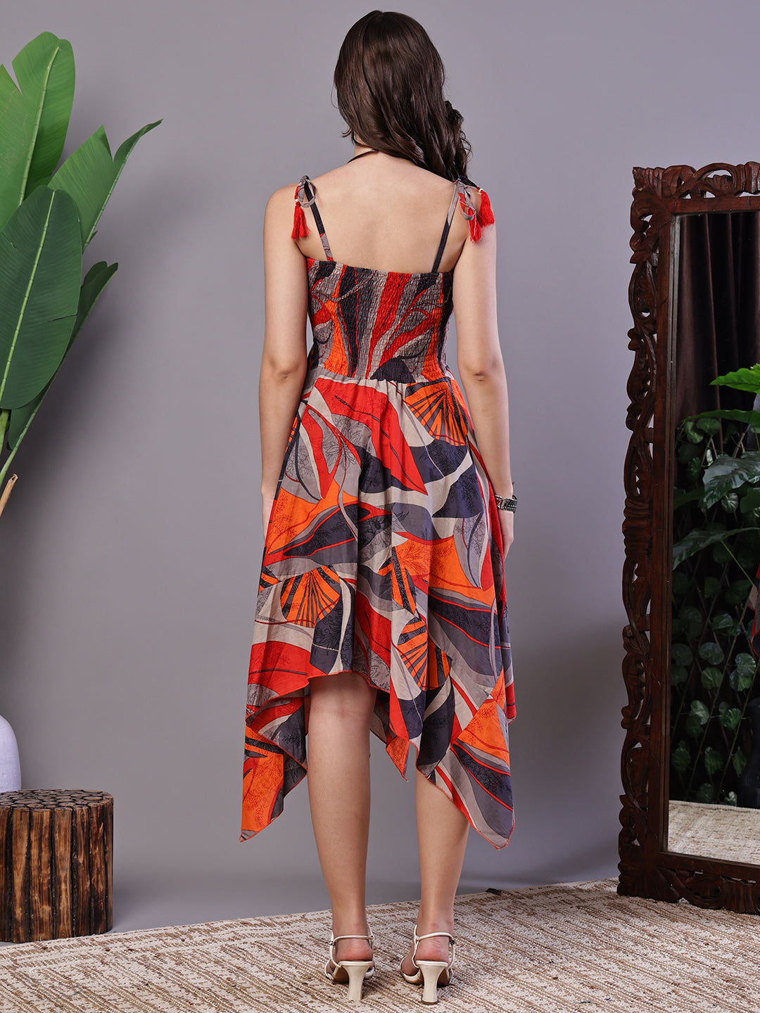 Aawari Rust & Grey Abstract Print Cotton Handkerchief Hem Dress - Midi Dresses / Western Wear