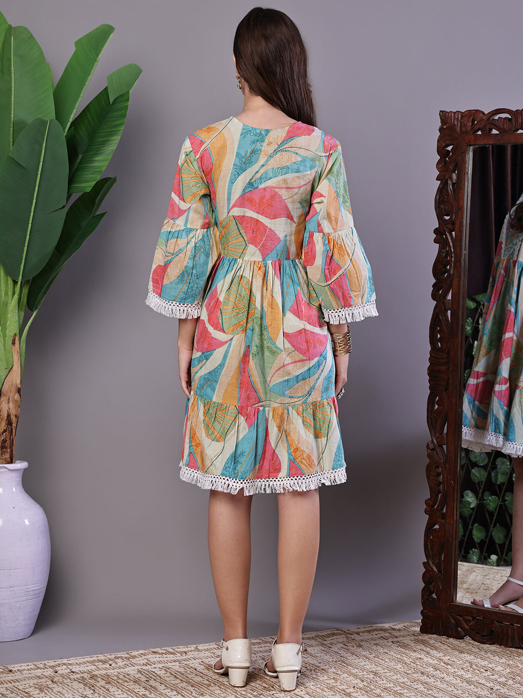 Aawari Multicolor Printed Cotton A-Line Dress with Embroidered Yoke - Midi Dresses / Western Wear