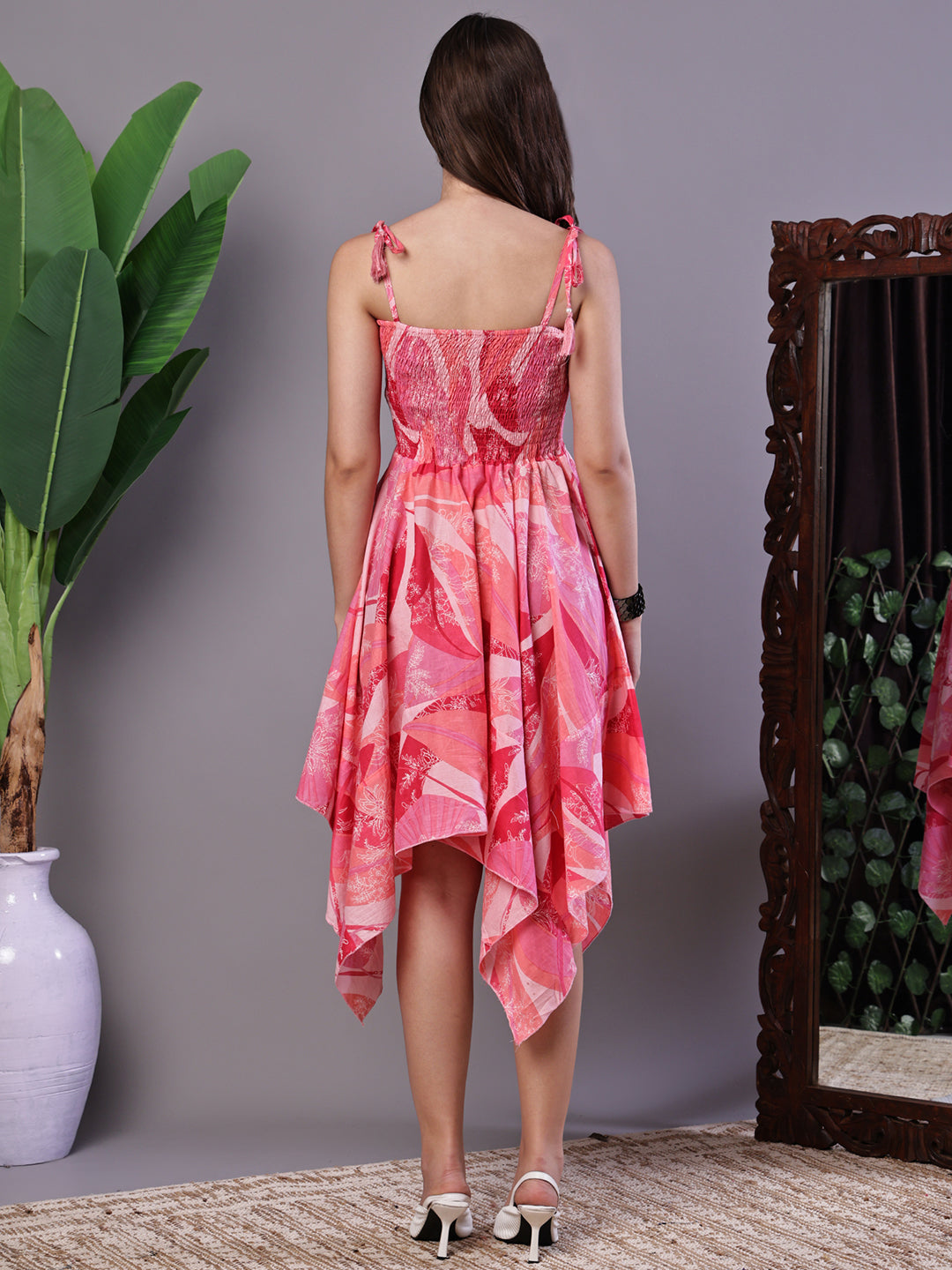 Aawari Pink Printed Cotton Handkerchief Hem Midi Dress - Midi Dresses / Western Wear
