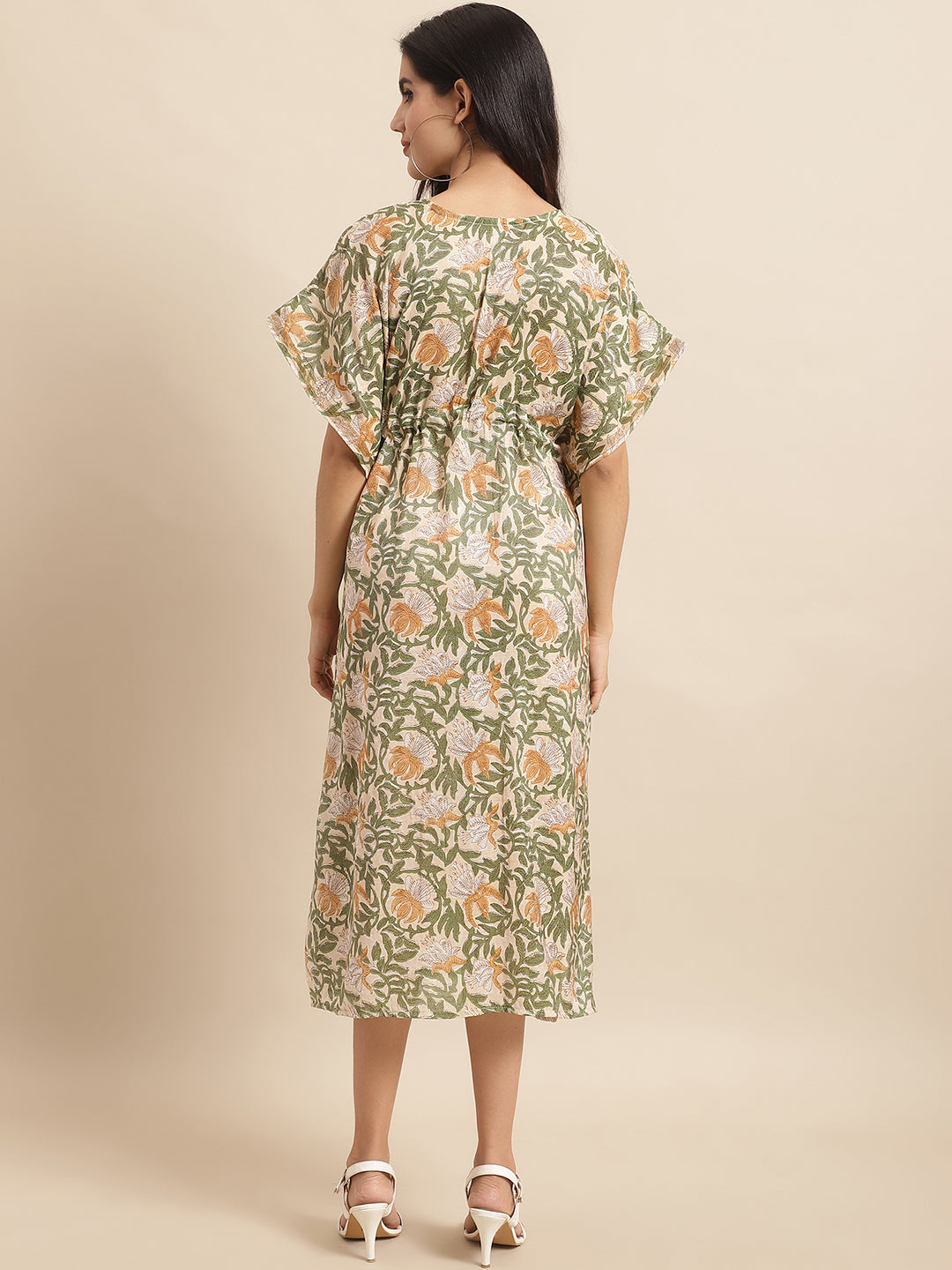 Aawari Floral Printed Green Chanderi Midi Dress with V-Neck & Short Sleeves - Kaftaan