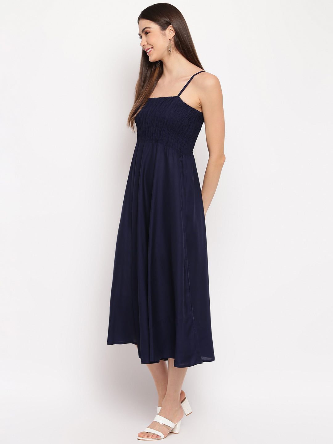 Navy Blue Solid Smocked Rayon Maxi Dress for Women - Western Wear