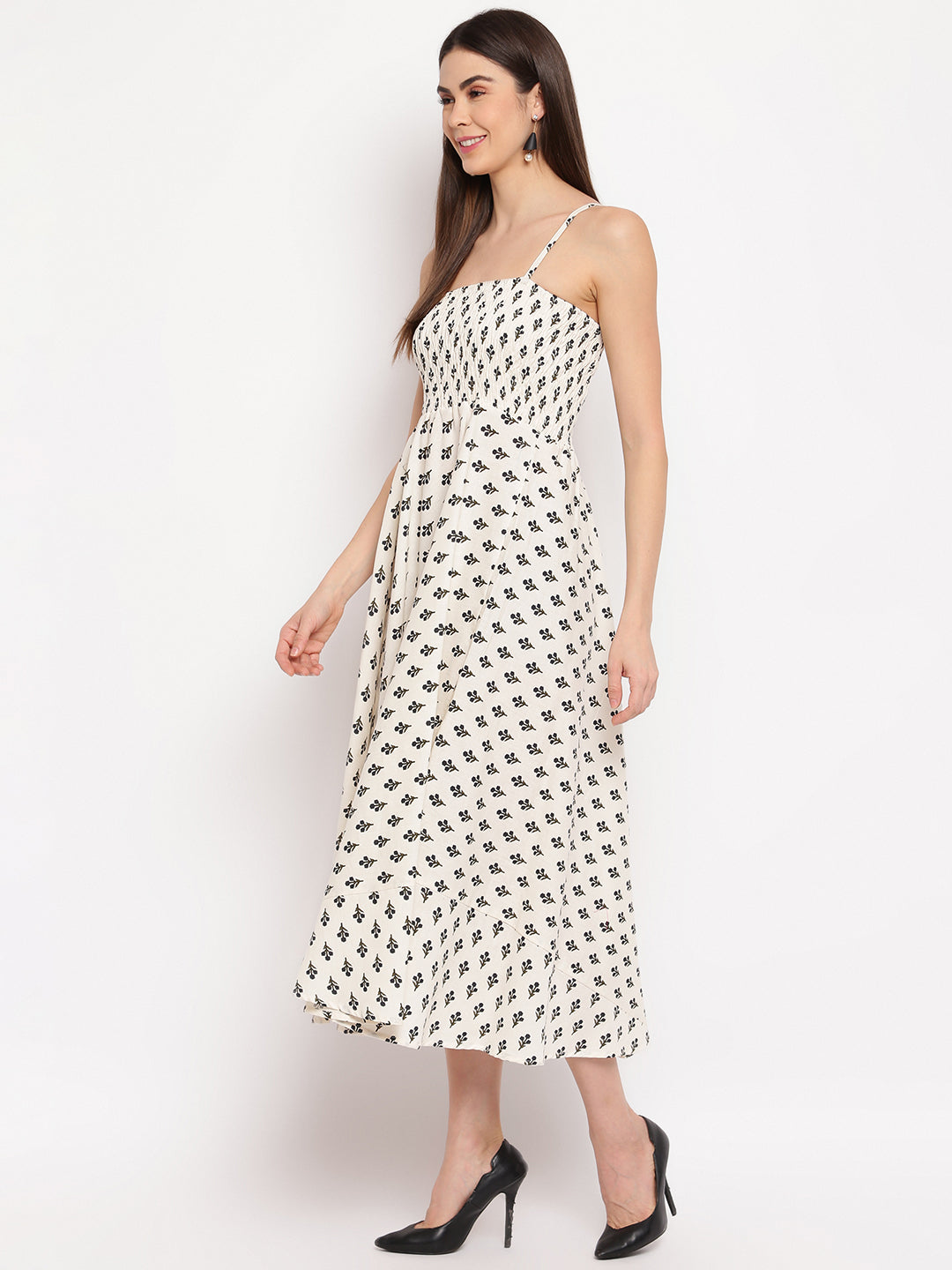 White & Black Printed Rayon Flared Maxi Dress with Spaghetti Straps - Western Wear - Maxi Dresses