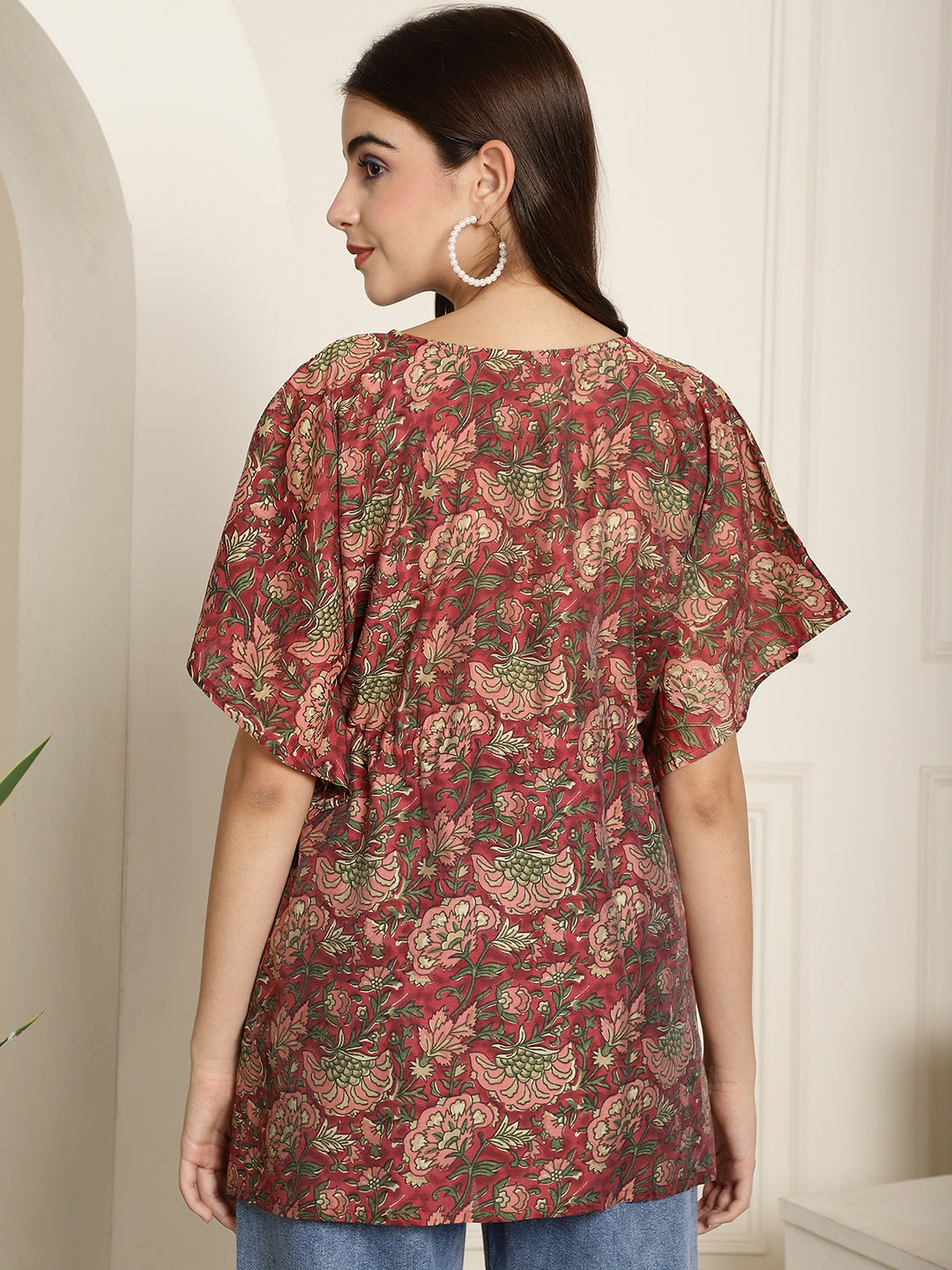 Aawari Rust Red Floral Handblock Printed Chanderi Short Kaftaan Top with Drawstring