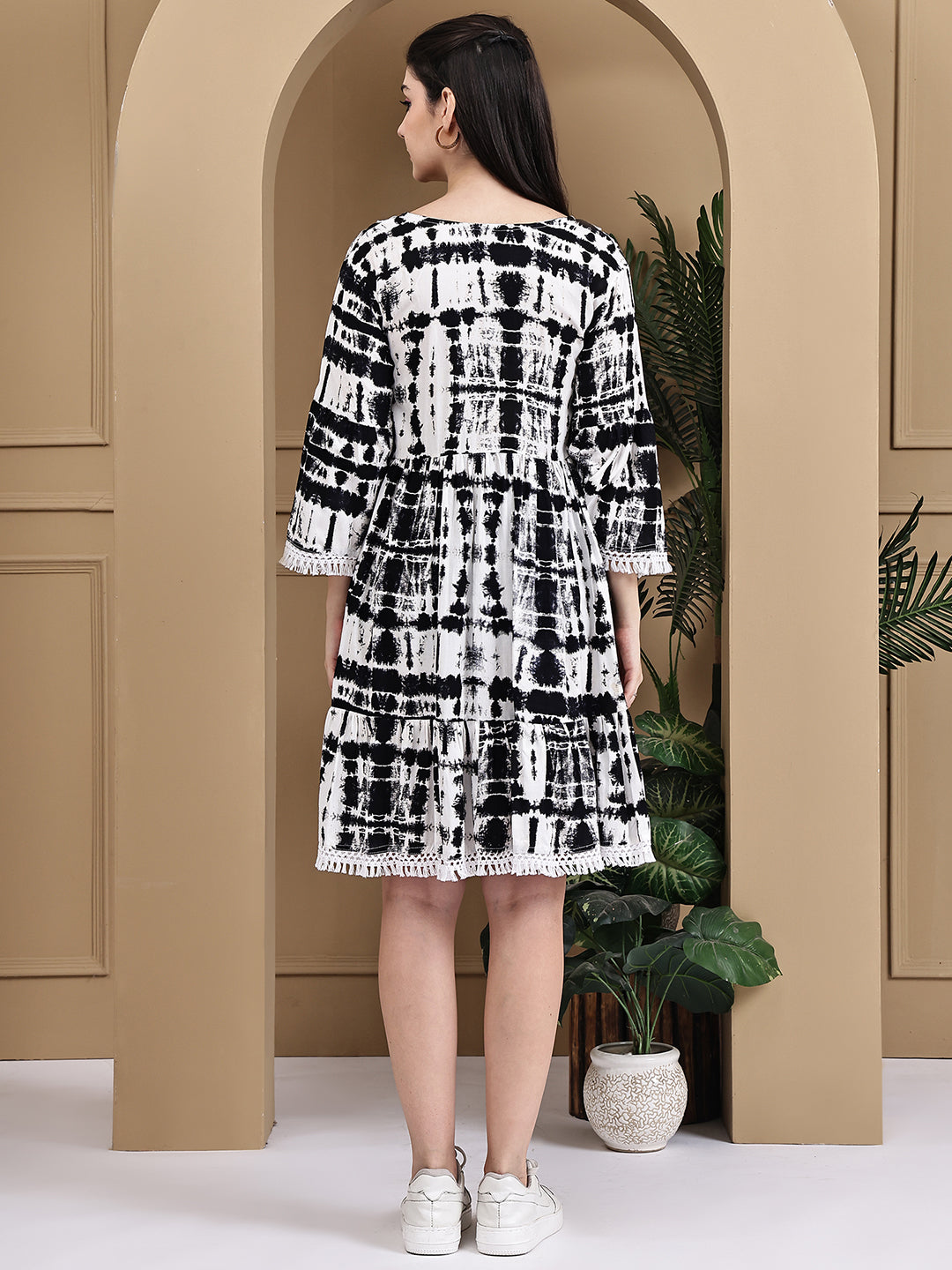 Aawari Rayon Tie & Dye Black And White Short Dress - Midi Dresses / Western Wear