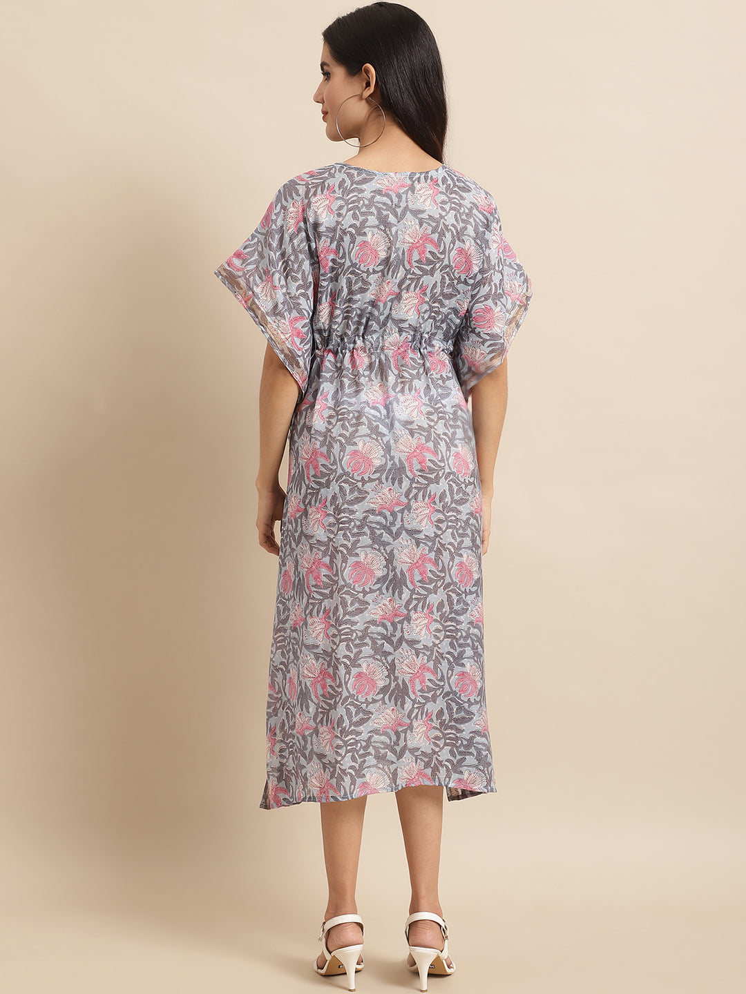 Aawari Grey & Pink Floral Printed Chanderi Kaftaan Dress