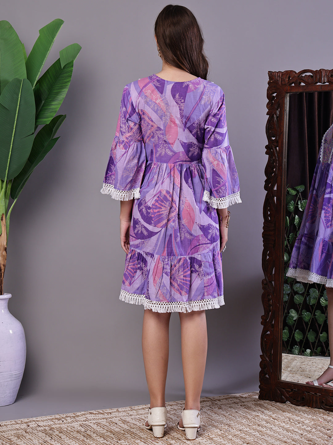 Aawari Purple Floral Cotton A-Line Dress with Lace Detailing - Midi Dresses / Western Wear