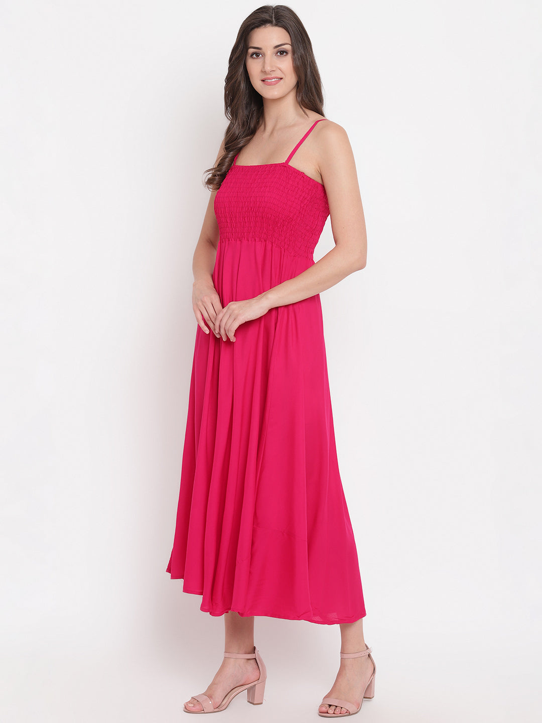 Hot Pink Solid Smocked Flared Rayon Maxi Dress for Women -  Western Wear