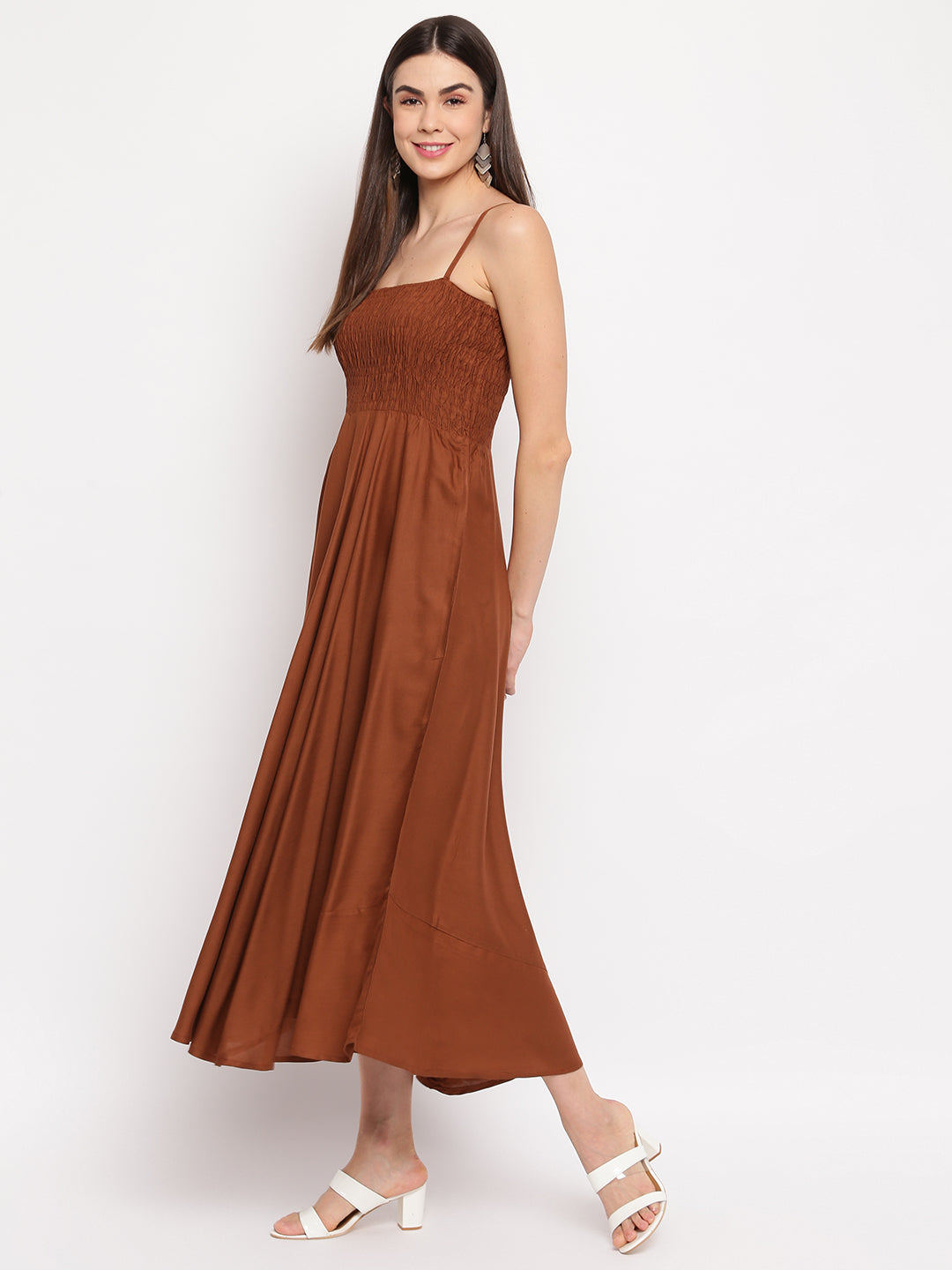 Rust Brown Solid Rayon Flared Maxi Dress with Spaghetti Straps - Western Wear