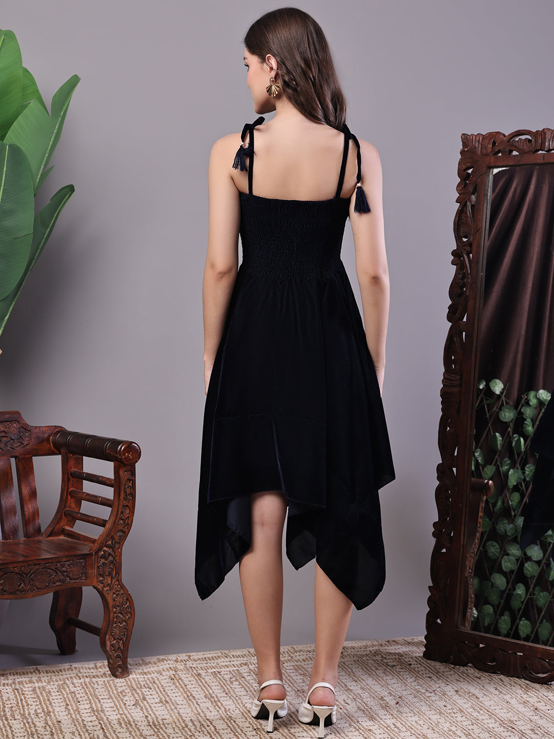 Aawari Junglee Black Velvet Party Midi Dress with Asymmetrical Hemline Midi Dresses / Western Wear