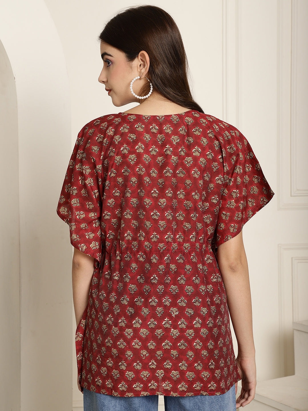 Aawari Maroon Handblock Printed Chanderi Short Kaftaan Top with Drawstring