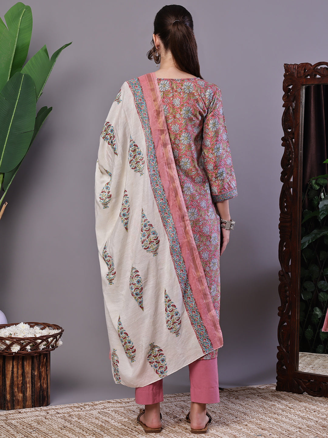 Aawari Rust Pink Chanderi Printed Kurta Set with Dupatta - Suit Sets