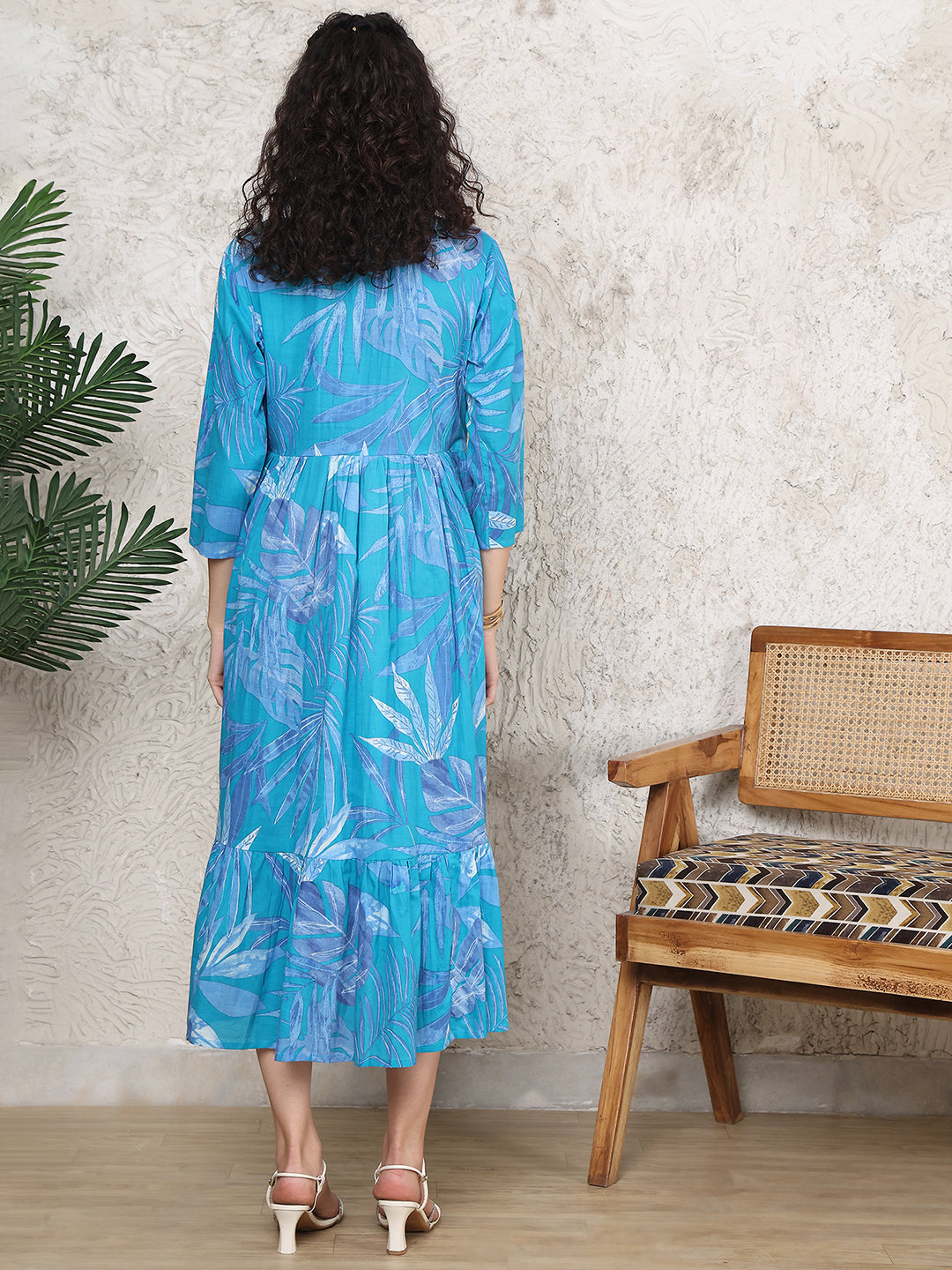 Aawari Sky Blue Leaf Print Cotton Maternity Dresses with 3/4 Sleeves