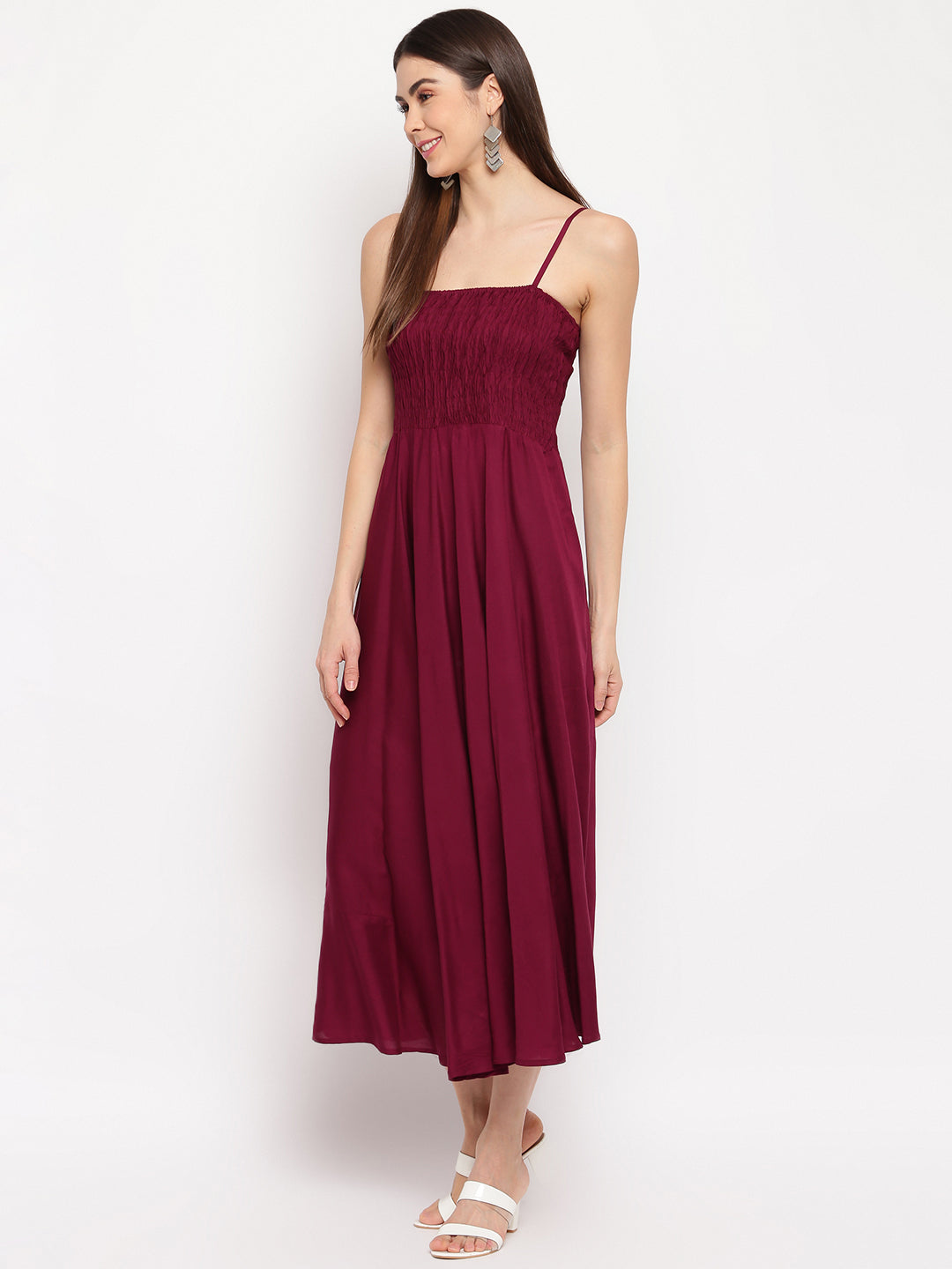 Aawari Fit & Flare Solid Bobbin Dress ( WINE ) - Western Wear