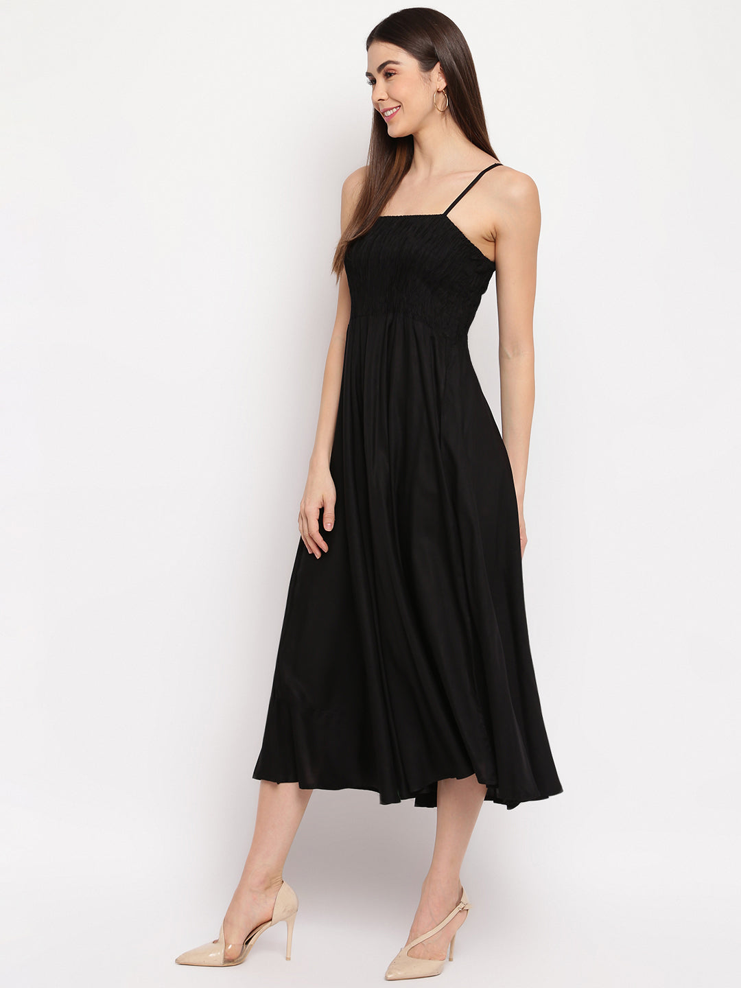 Black Rayon Smocked Midi Dress - Elegant Sleeveless A-Line Western Wear Outfit