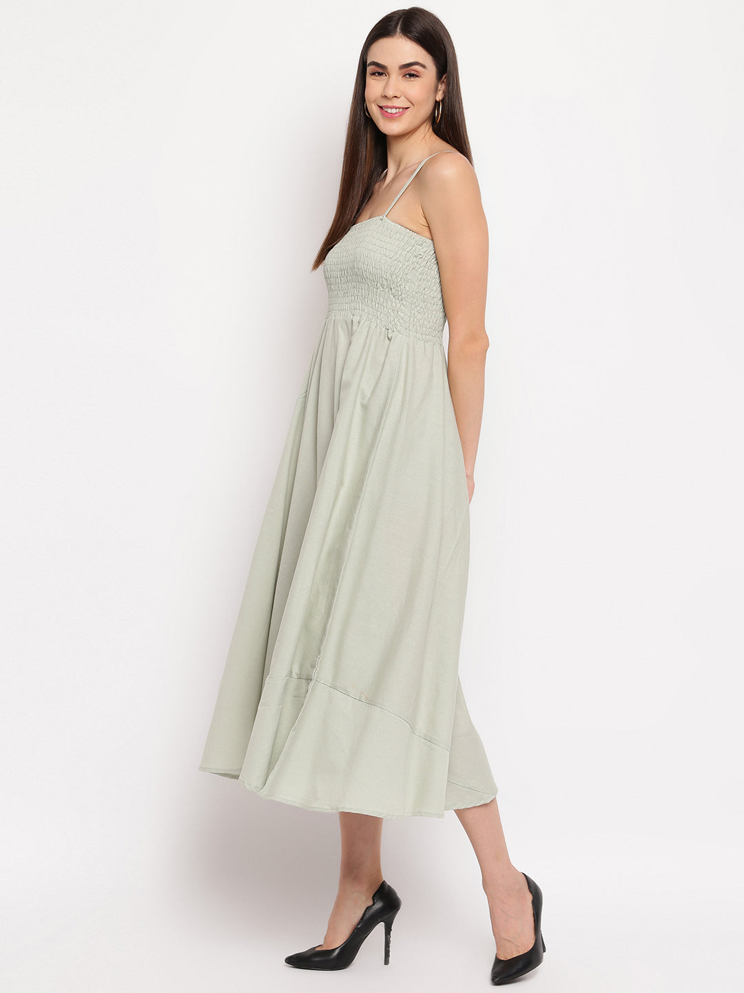 Sage Green Solid Rayon Flared Maxi Dress with Spaghetti Straps - Western Wear