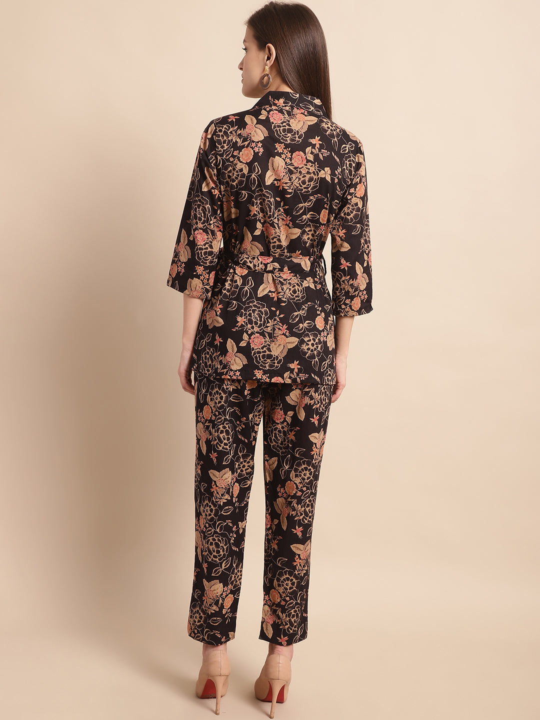 Aawari Women's Black & Beige Floral Printed Cotton Wrap-Style Co-ord Set - Co-ord Sets / Western Wear