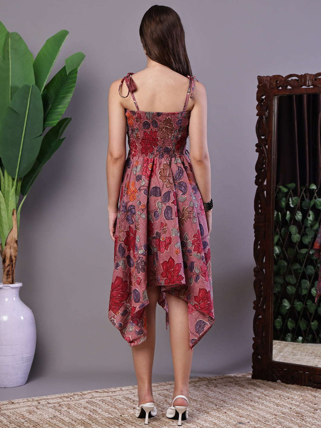 Aawari Maroon Floral Printed Cotton Handkerchief Hem Midi Dress - Midi Dresses / Western Wear