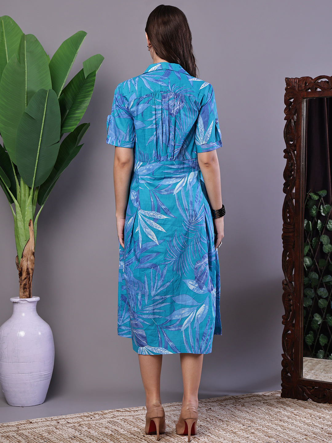Aawari Blue Leaf Print Cotton Shirt Midi Dress - Dresses / Midi Dresses / Western Wear