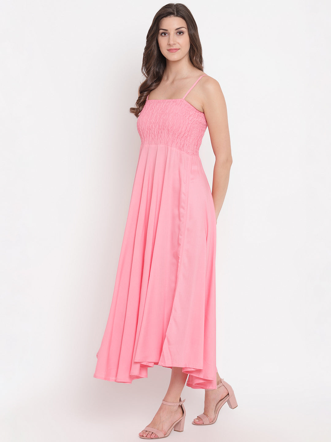 BabyPink Smocked Rayon Maxi Dress with Spaghetti Straps - Western Wear