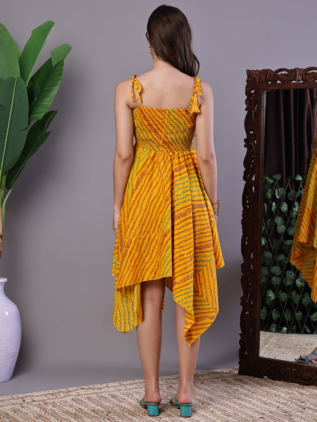 Aawari Yellow & Green Printed Cotton Handkerchief Hem Dress - Midi Dresses / Western Wear