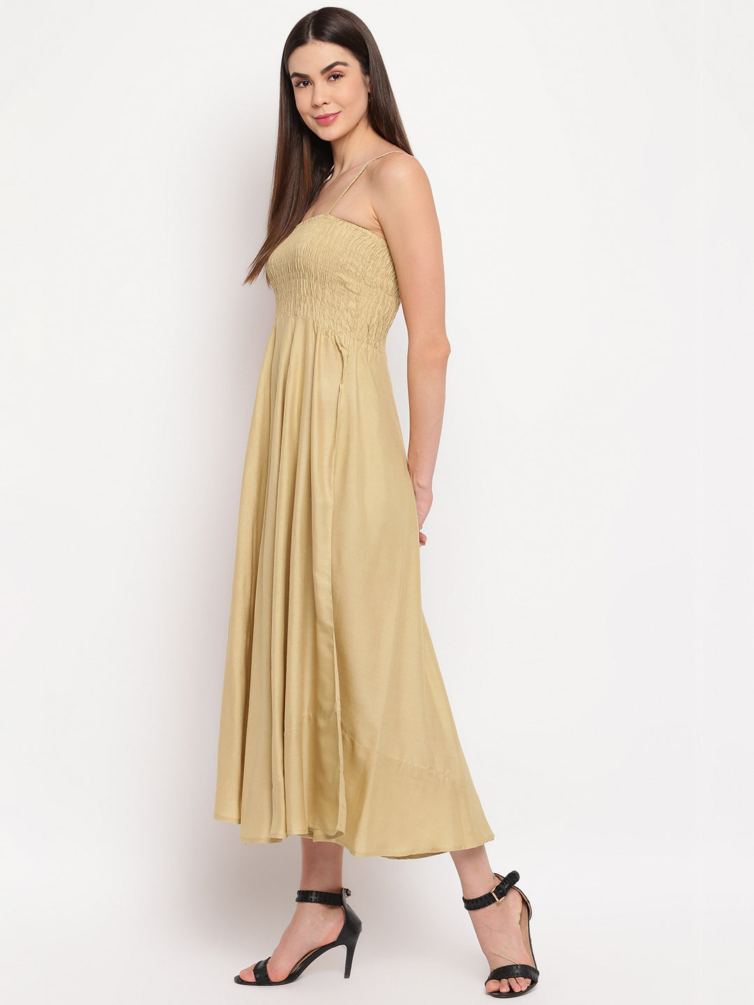 Beige Smocked Rayon Maxi Dress with Spaghetti Straps - Western Wear