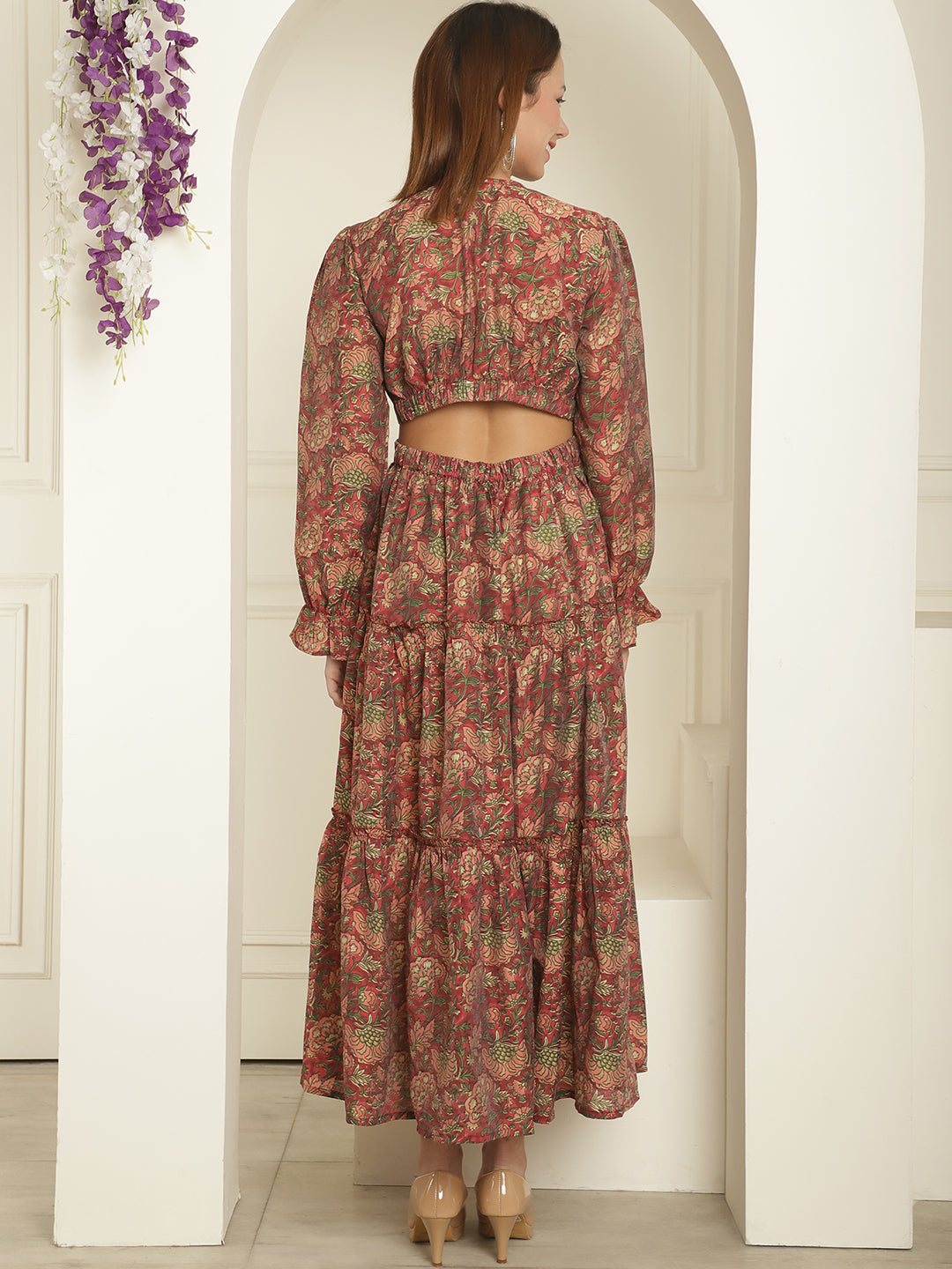 Aawari Floral Print Waist Cut-Out Maxi Dresses / Western Wear