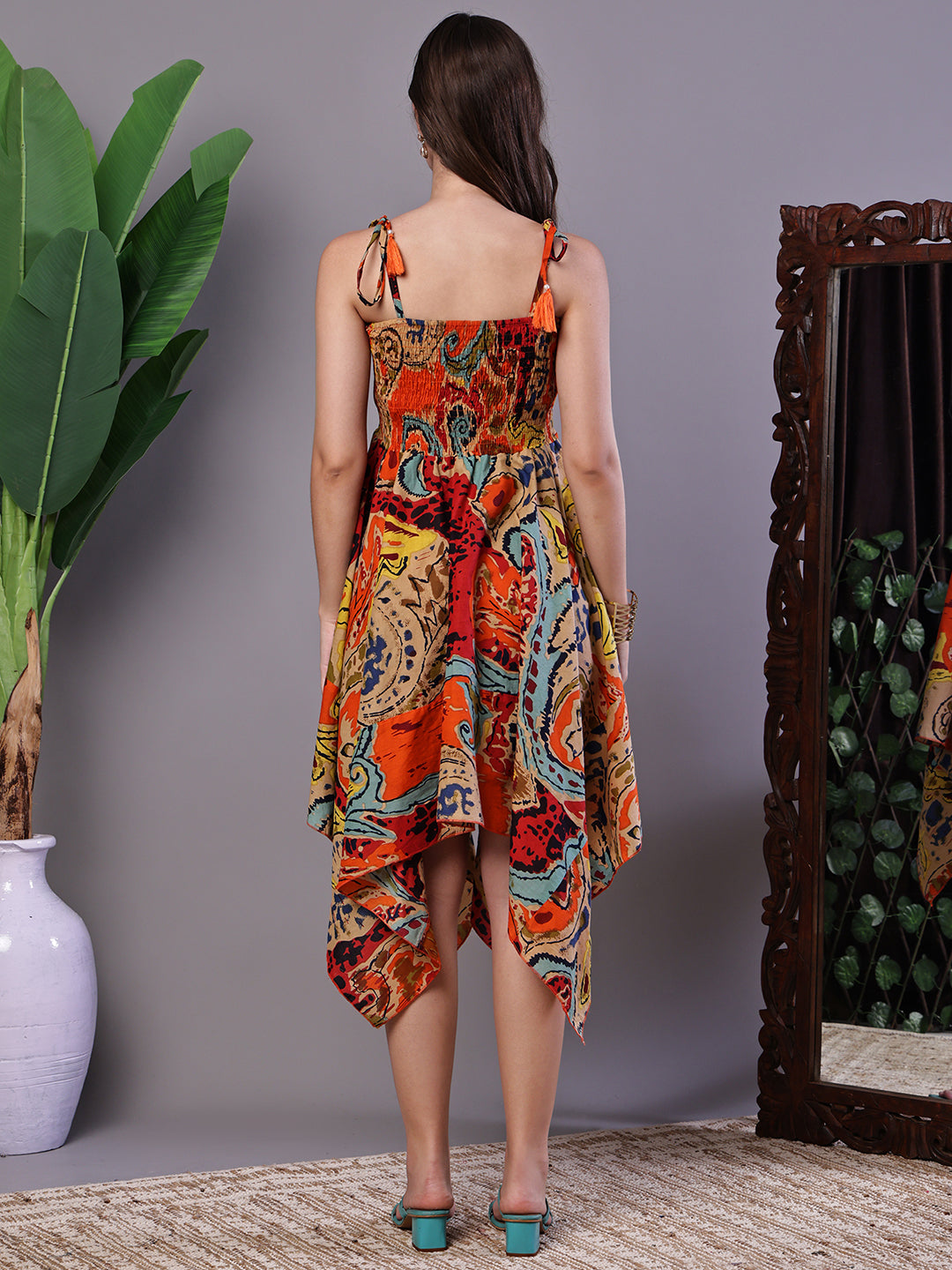 Aawari Multicolor Abstract Printed Cotton Handkerchief Hem Dress - Midi Dresses / Western Wear