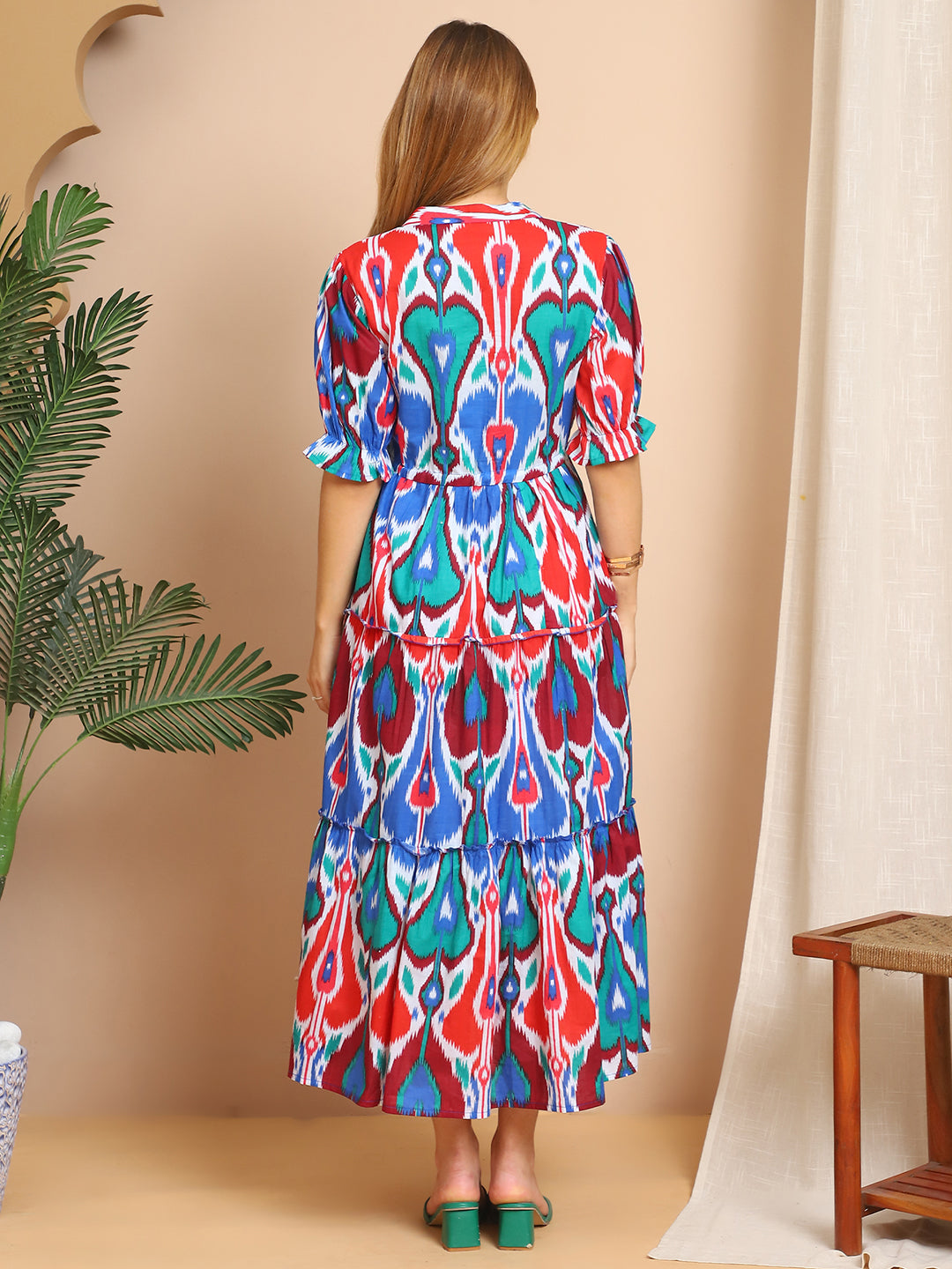 Aawari Boho Ikat Print Cotton Dresses with Puff Sleeves / Maxi Dresses / Western Wear