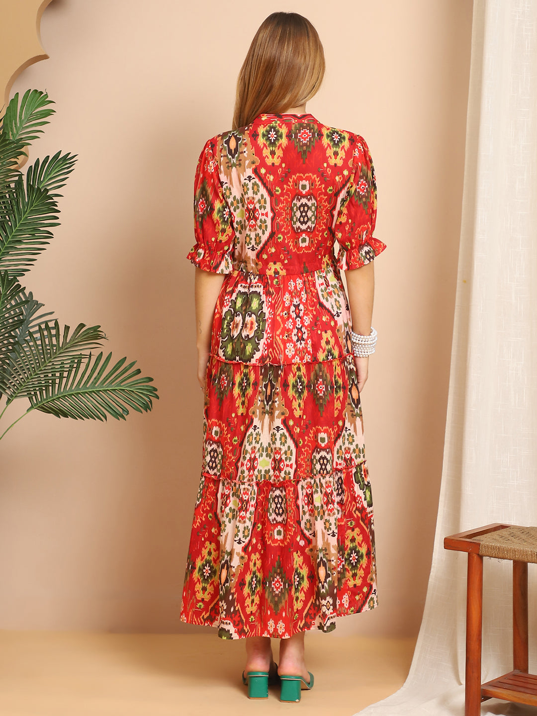 Aawari Red & Multi-Color Tribal Print Tiered Maxi Dress - Dresses / Western Wear / Maxi Dresses