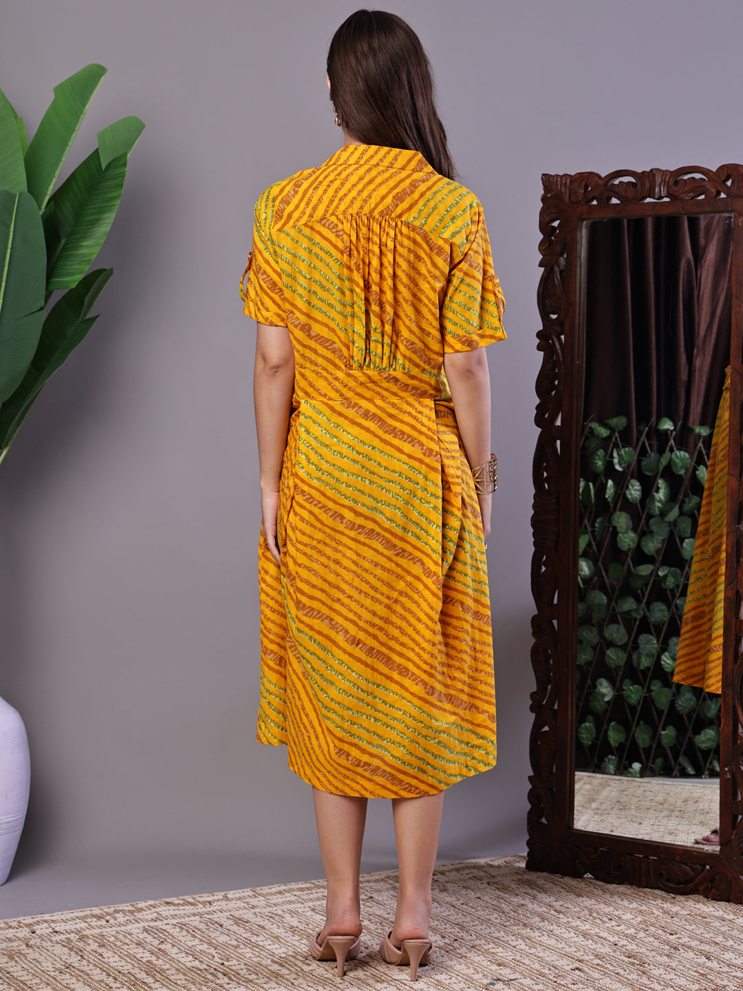 Aawari Yellow Printed Cotton Shirt Dress - Midi Dresses /  Western Wear / Dresses