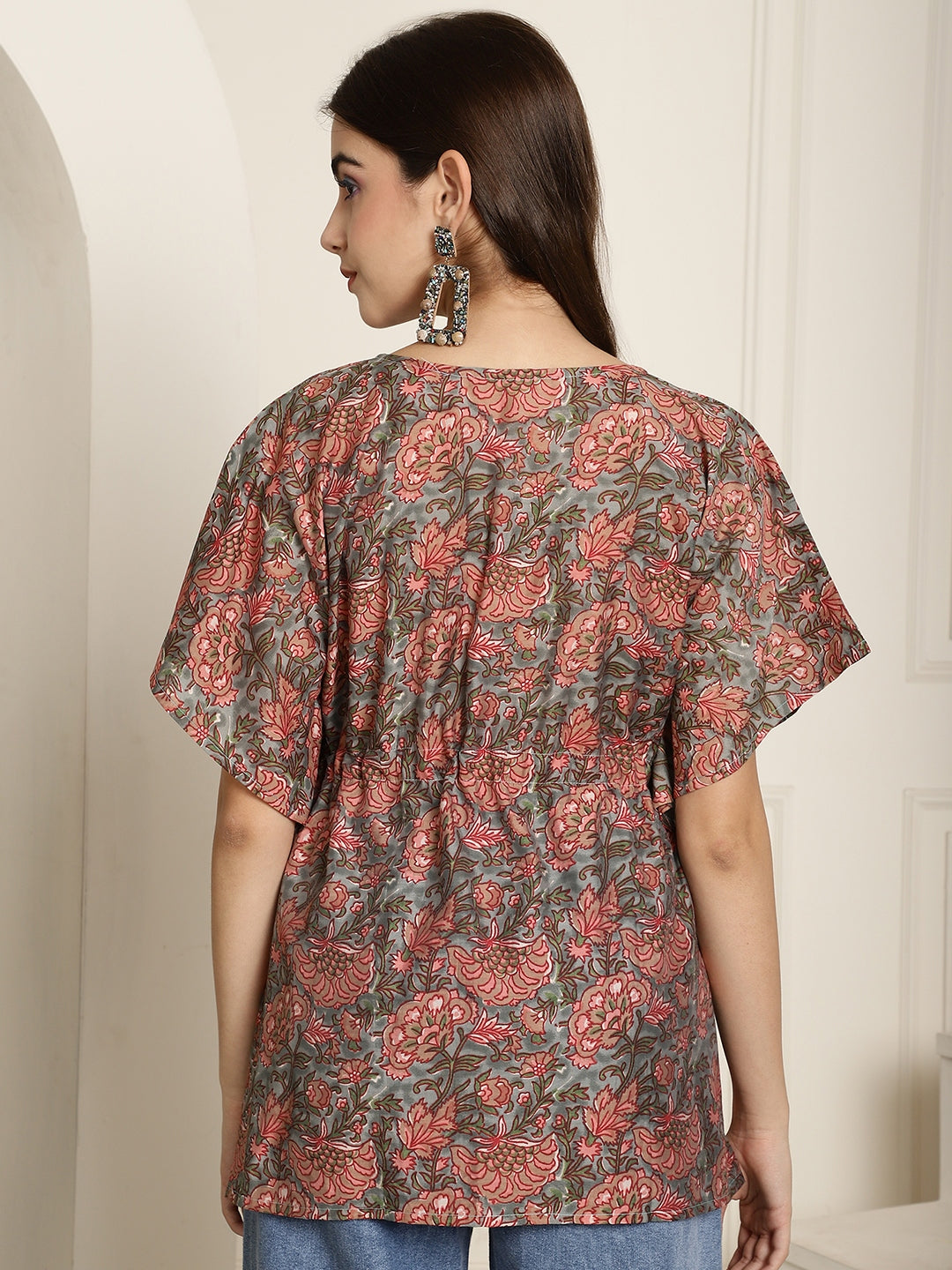 Women's Floral Print Cotton Kaftaan Top with Drawstring Waist