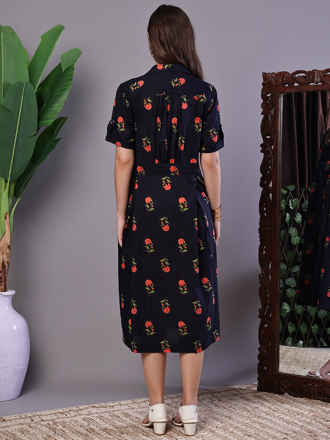 Aawari Elegant Indigo & Orange Floral Block Print Cotton Shirt Dress - Midi Dresses /  Western Wear / Dresses
