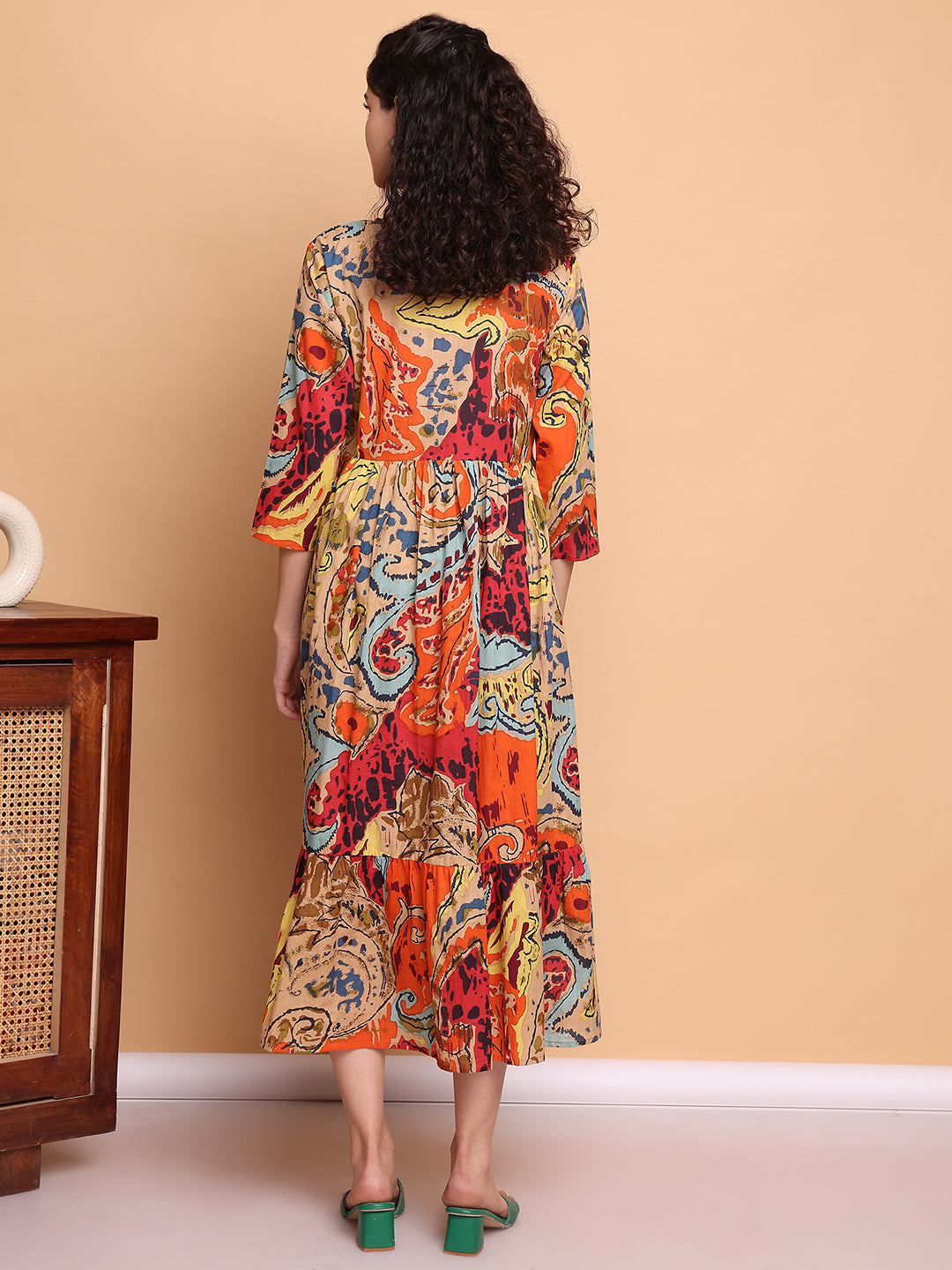 Aawari Bohemian Orange Multicolor Printed Cotton Maternity Dresses with 3/4 Sleeves