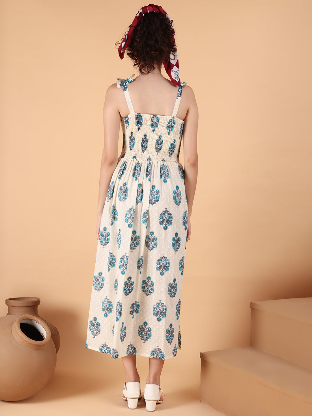 Aawari Elegant Cream & Blue Printed Printed Cotton Bobbin dress with Tie-Up Straps - Western Wear