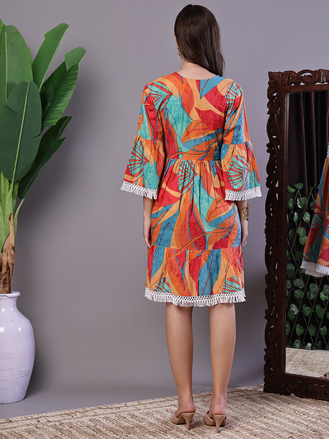 Aawari Vibrant Print Cotton Tunic Dress with Crochet Lace & Three-Quarter Sleeves - Midi Dresses / Western Wear